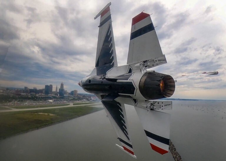 A United States Air Force Air Demonstration Squadron "Thunderbird” F-16 approaches show center during the third and final day of the Cleveland National Air Show, September 6, 2021 in Cleveland, Ohio. This was a deployed show that involved the jets taking off from and landing at a different site from the air show.  (U.S. Air Force Photo by Tech. Sgt. Nicolas A. Myers)