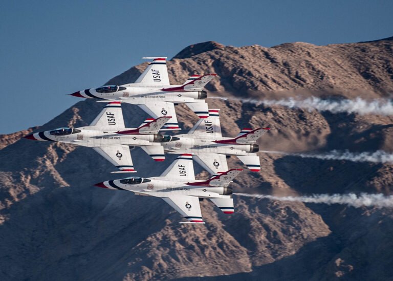 The United States Air Force Air Demonstration Squadron "Thunderbirds" perform a high show demonstration for their final demonstration of the 2021 season on November 12, 2021, at Nellis Air Force Base, Nevada. The final show was performed for friends, families, and alumni of the team. (U.S. Air Force photo by Tech. Sgt. Nicolas A. Myers)