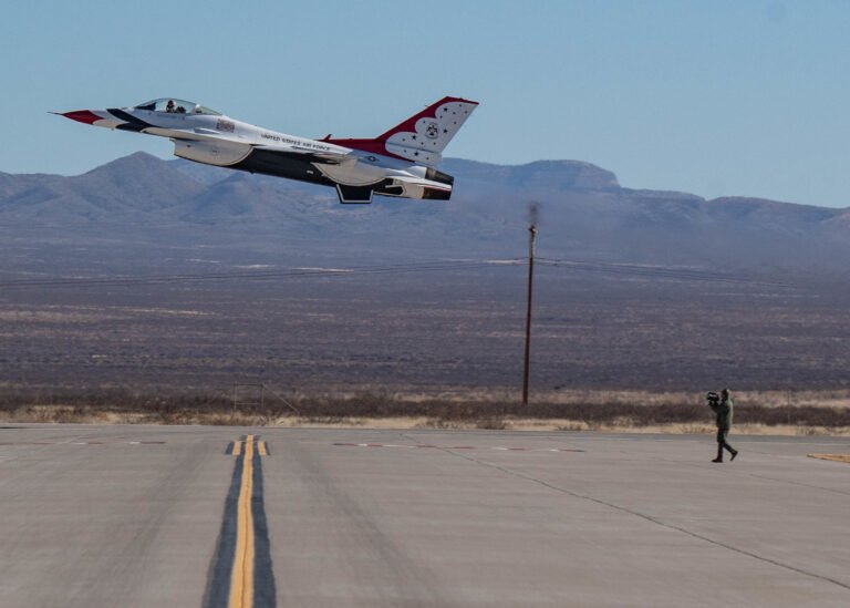 The United States Air Force Air Demonstration Squadron "Thunderbirds" practice during the team's inaugural winter training trip January 20, 2021 at Spaceport America, New Mexico. This trip provides the team a month of airshow practice in different conditions and terrains. (U.S. Air Force photo by Tech. Sgt. Nicolas Myers)